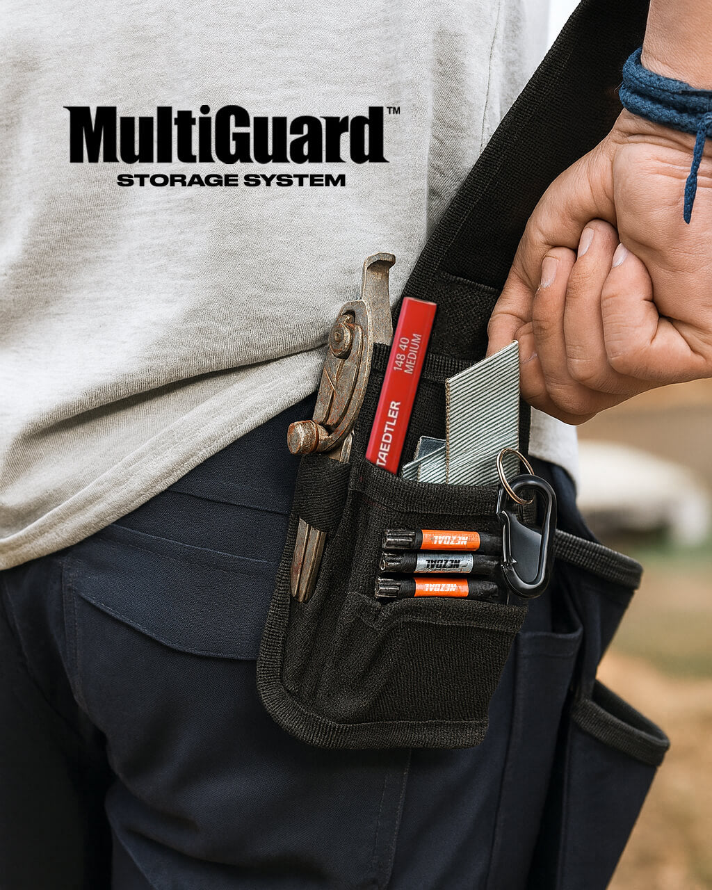 MultiGuard | Sichere Aufbewahrung für Bohrer, Multitool-Sägeblätter, Stichsägeblätter und mehr | Mit Gürtelclip