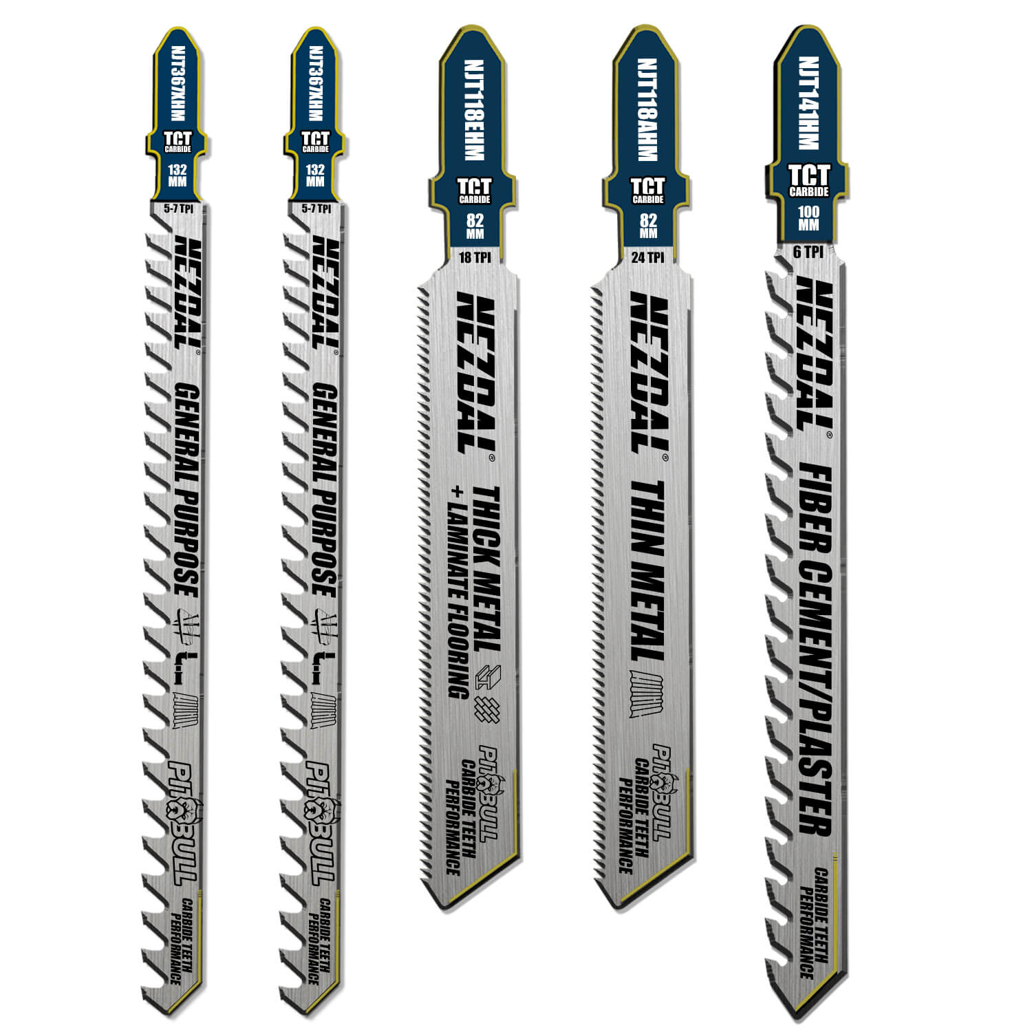 5 pcs premium carbide jig saw blades from Nezdal displayed on white background
